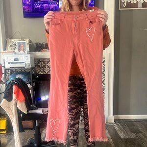 SHEIN Pink Flare Jeans with Heart Embroidery